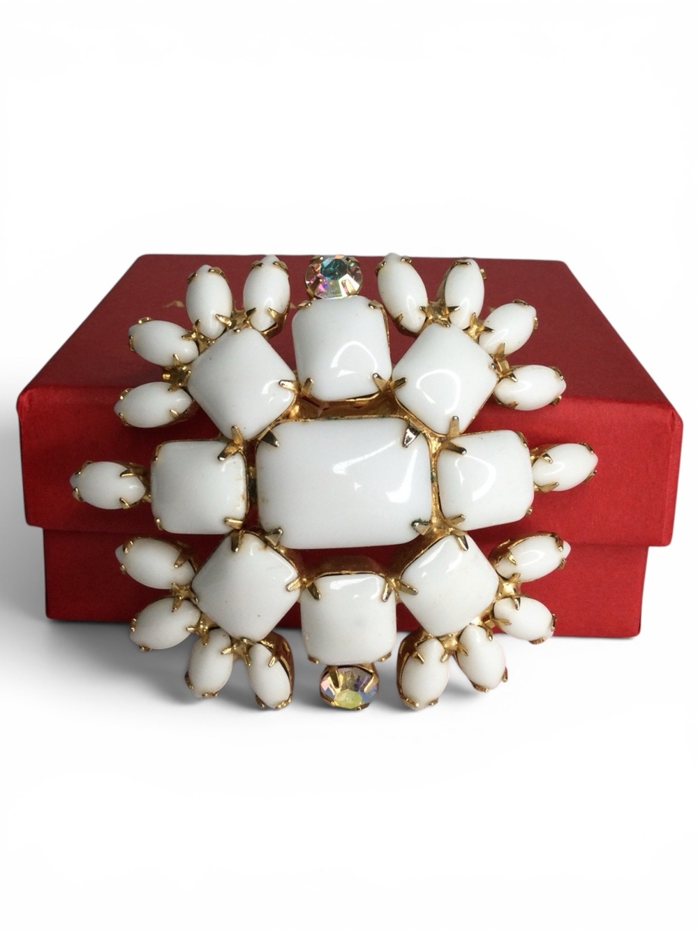 Vintage Gold-Tone Milk Glass Cabochon Floral Brooch with AB Accents - Picture 6 of 14